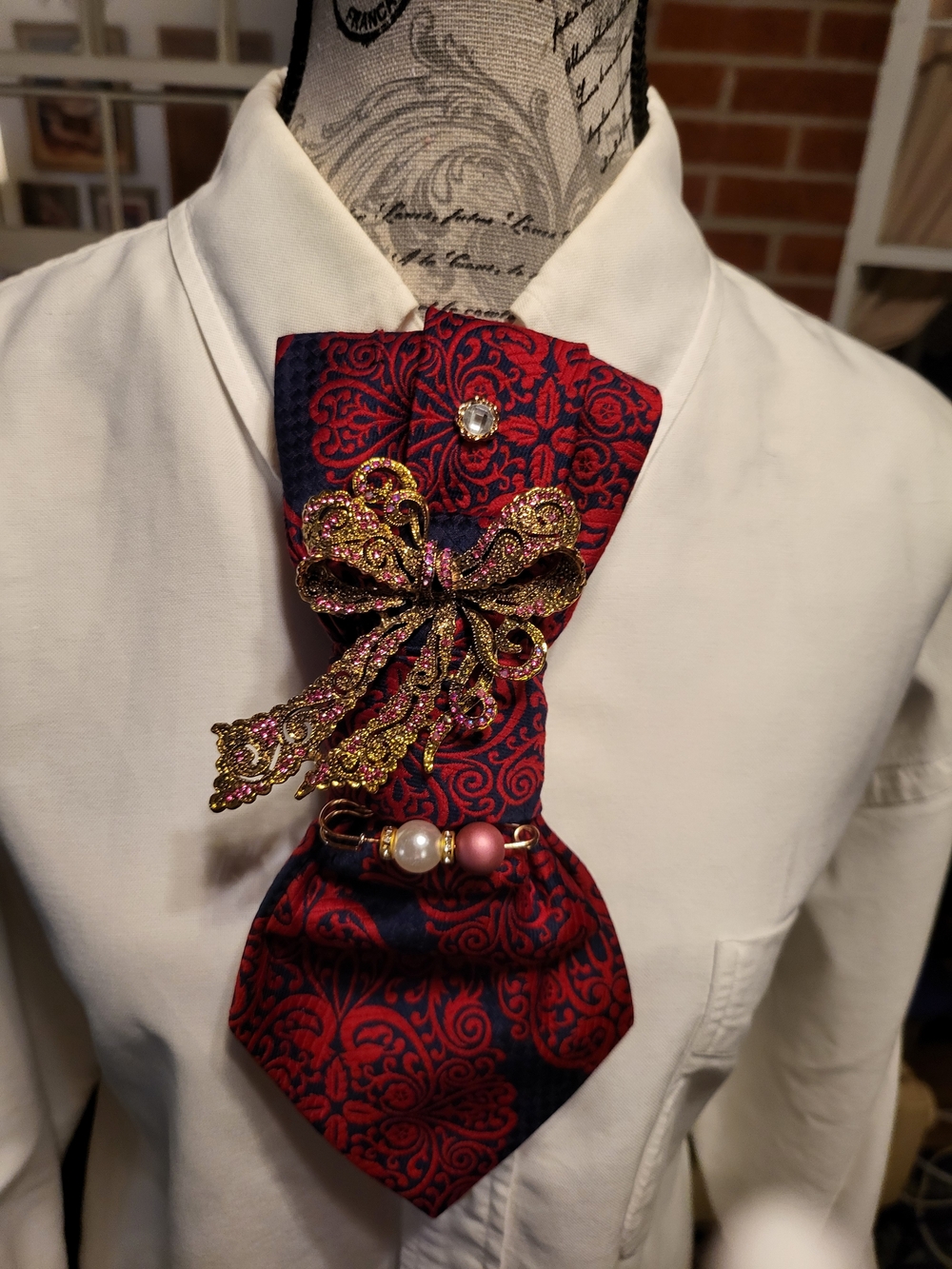 Paisley Cravat with Gold Bow Brooch Women's Accessory Upcycled Make Me An Offer!